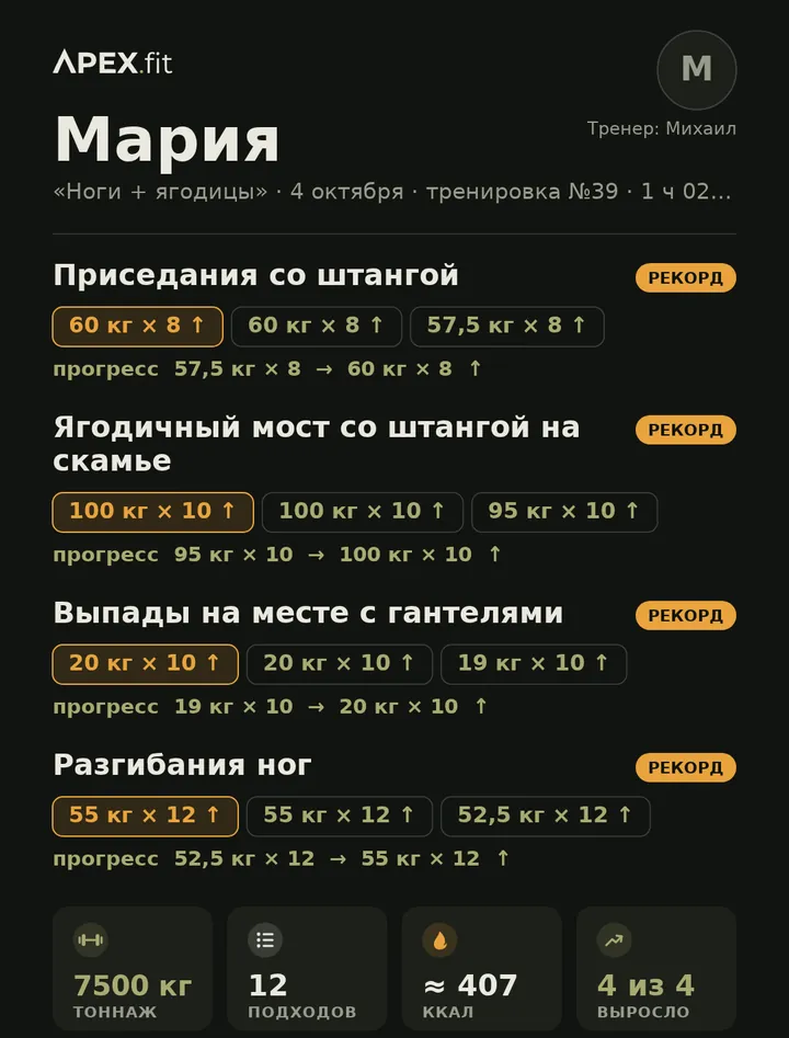 Карточка отчёта после тренировки